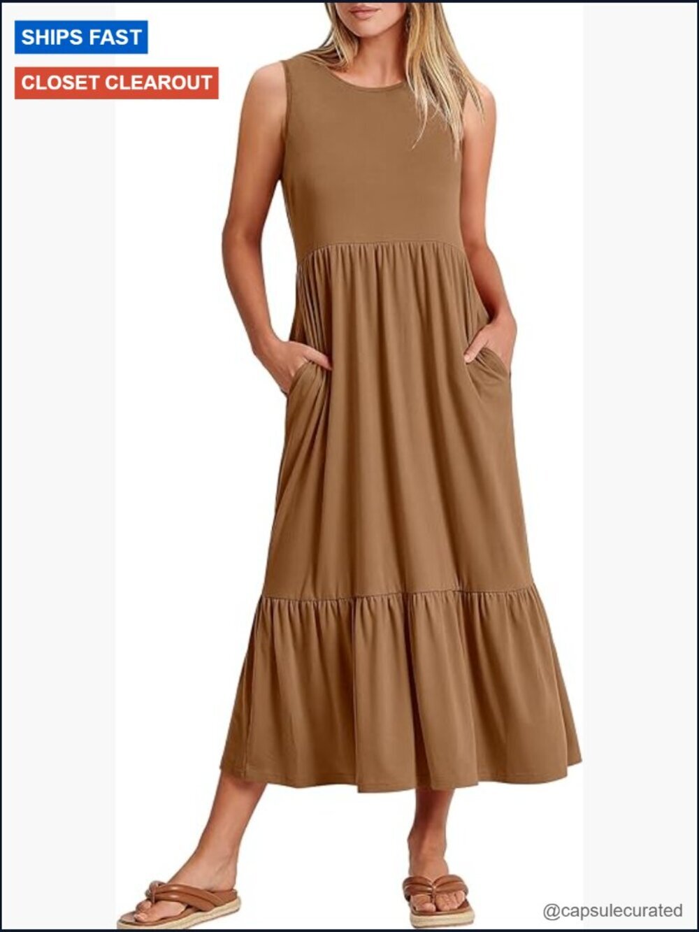 Sleeveless Crewneck Tiered Maxi Dress with Pockets Summer Beach Casual